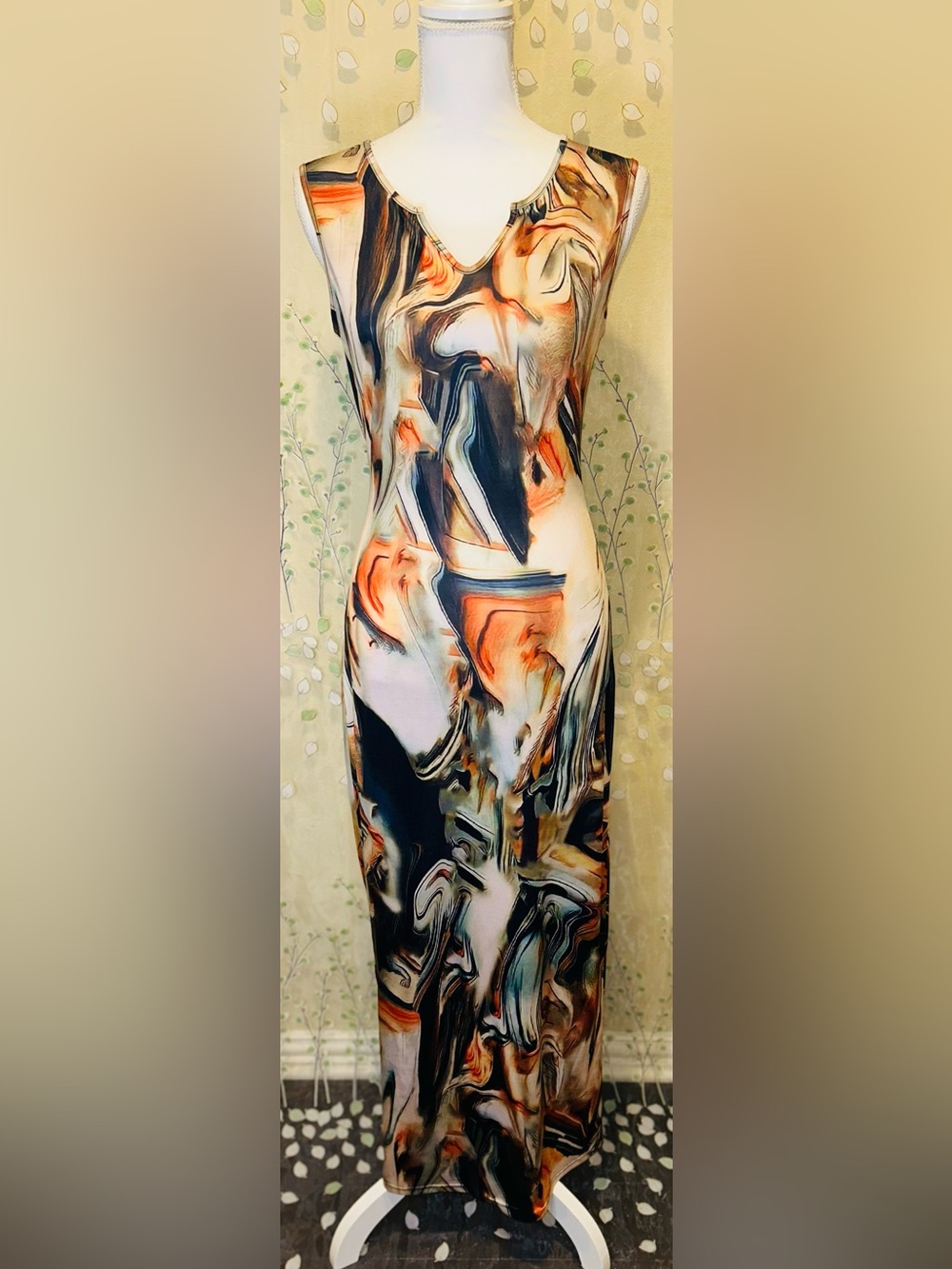 Vintage 90s Style Abstract Marble Print Bodycon Maxi Dress Size Small S No Brand